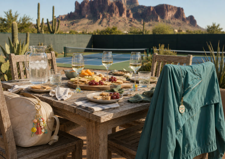 Sunlit patio table set for lunch beside a pickleball court in Arizona, with a cream tote, pickleball charms and a linen jacket draped over a wooden chair