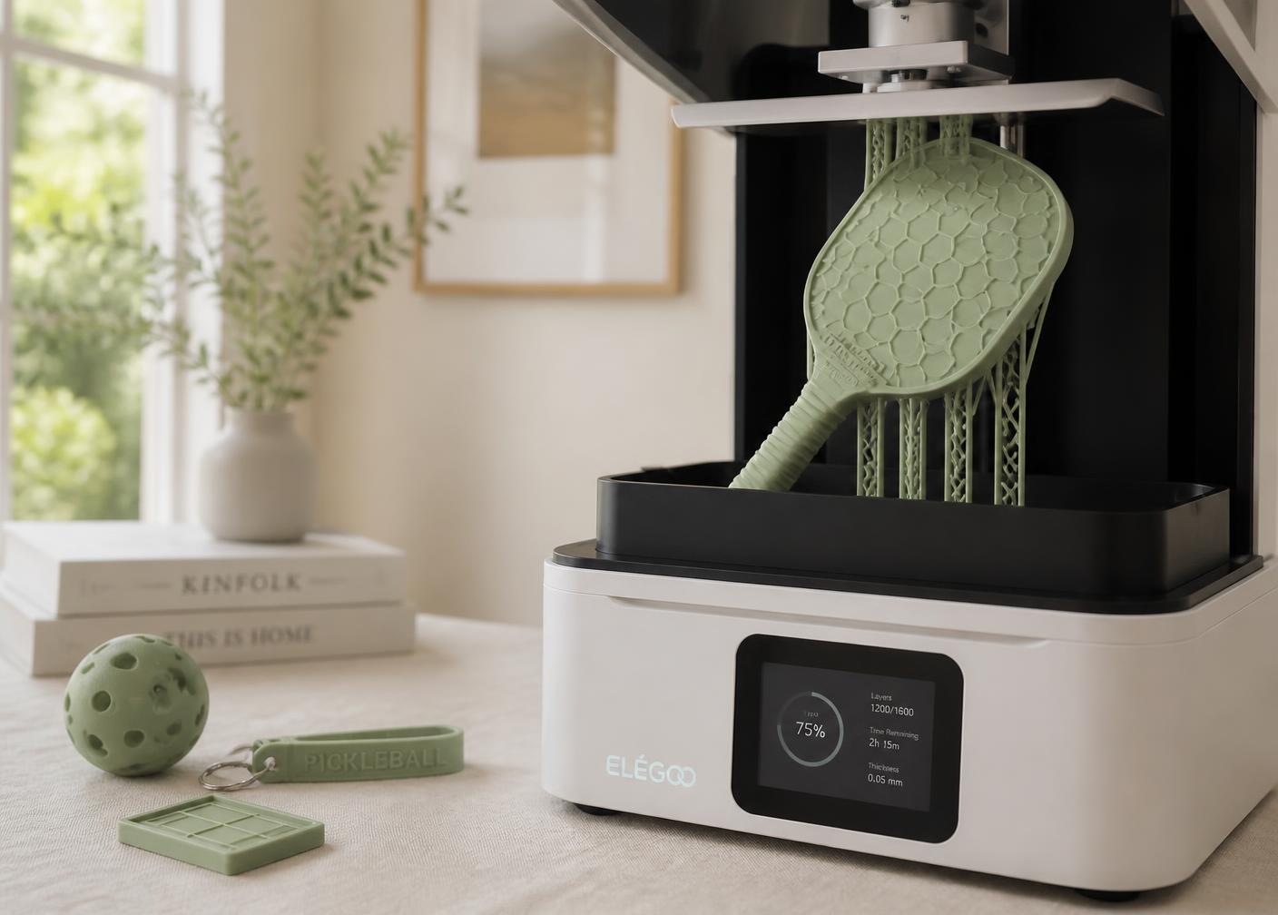 A desktop 3D printer producing a sage-green pickleball paddle ornament in our studio