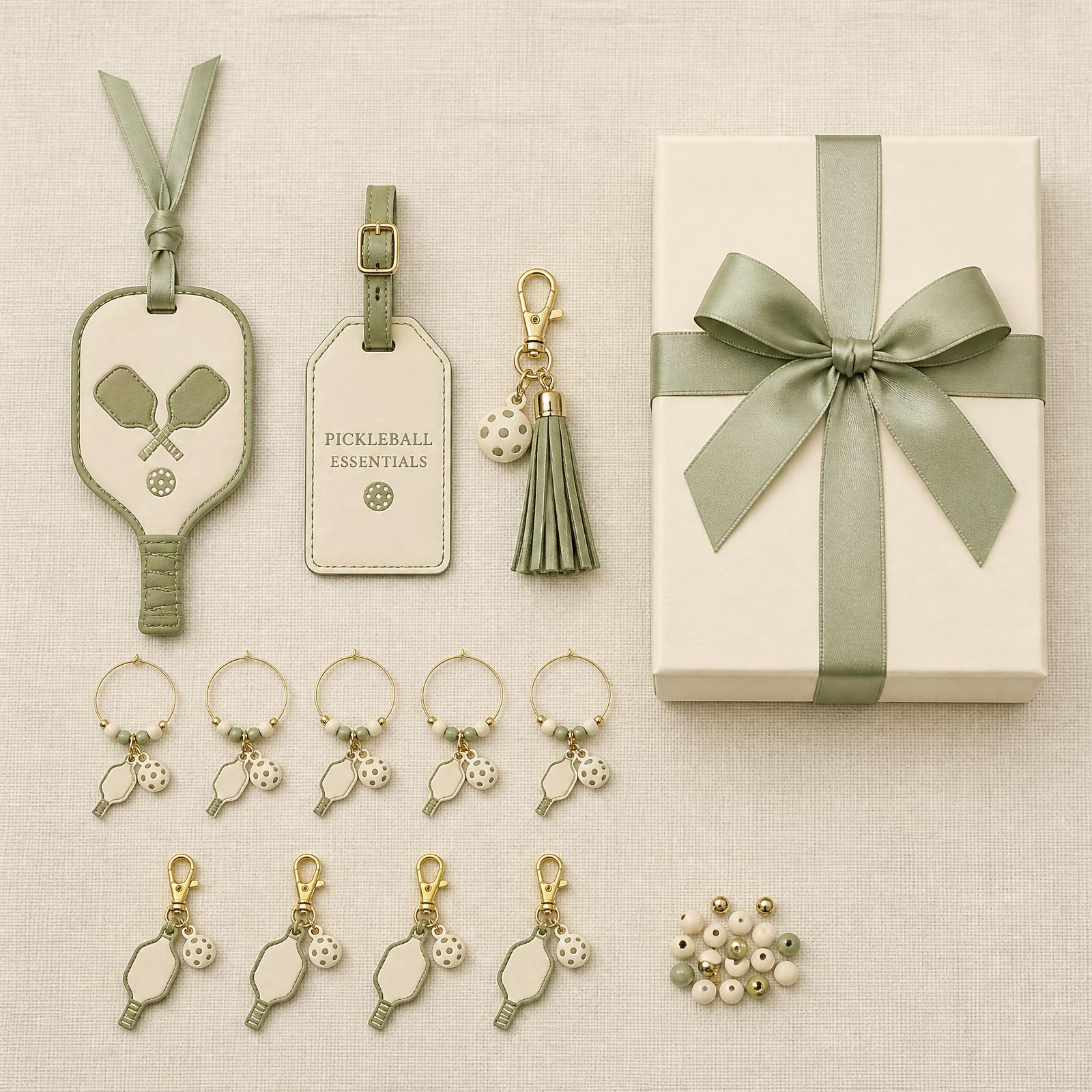 Overhead flat lay of the Courtside Summer Box: paddle charm, wine glass charms, zipper pulls, purse charm and open gift box with sage ribbon on cream linen